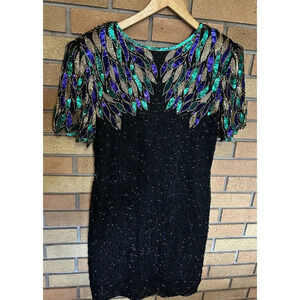 VTG 80s Stenay Women Black Silk Sequin Bead Cocktail Party Dress Sz 10 P Evening
